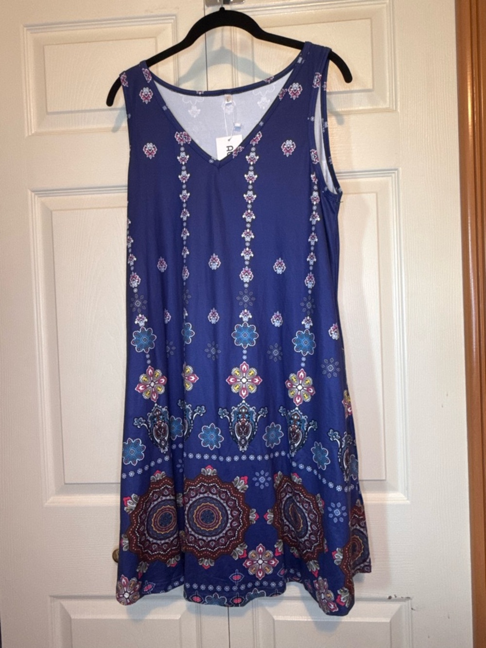 Auselily Sleeveless Navy Blue Boho Print A-Line Dress - L - NWT